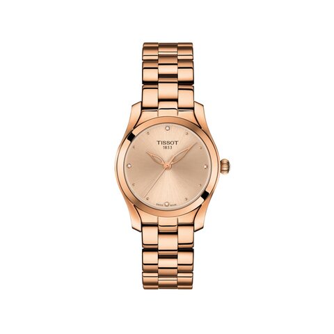 Tissot horloge met een kast in rosé pvd-coating, met een wijzerplaat in het rosé verguld en een diameter van 30 mm