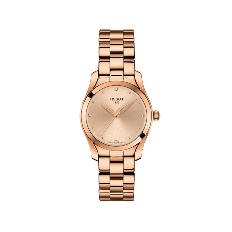 Tissot horloge met een kast in rosé pvd-coating, met een wijzerplaat in het rosé verguld en een diameter van 30 mm