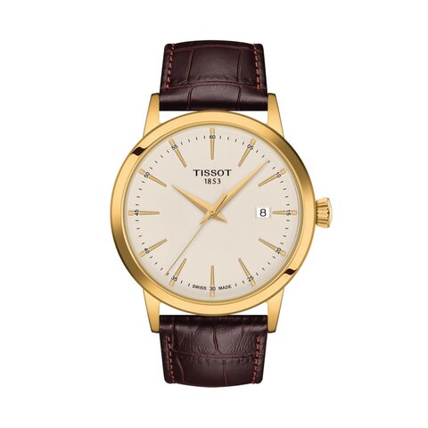 Tissot horloge met een kast in gele pvd-coating, met een wijzerplaat in het beige en een diameter van 42 mm