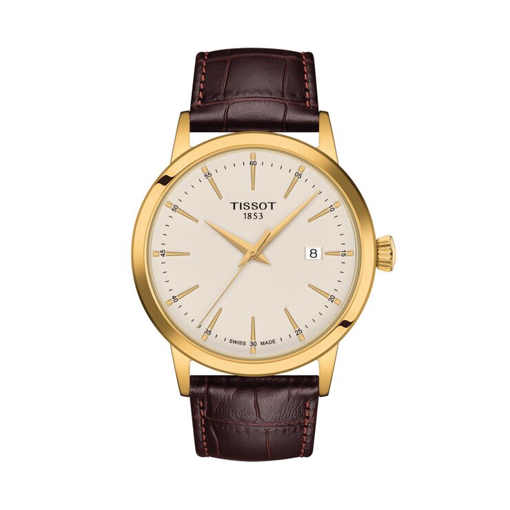 Tissot horloge met een kast in gele pvd-coating, met een wijzerplaat in het beige en een diameter van 42 mm