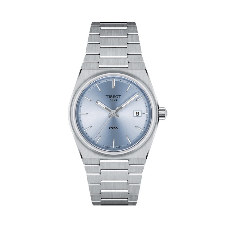 Tissot horloge met een kast in staal, met een wijzerplaat in het blauw en een diameter van 35