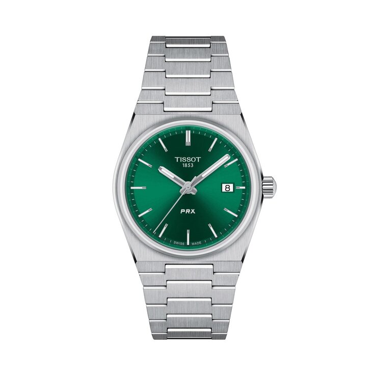 Tissot horloge met een kast in staal, met een wijzerplaat in het groen en een diameter van 35