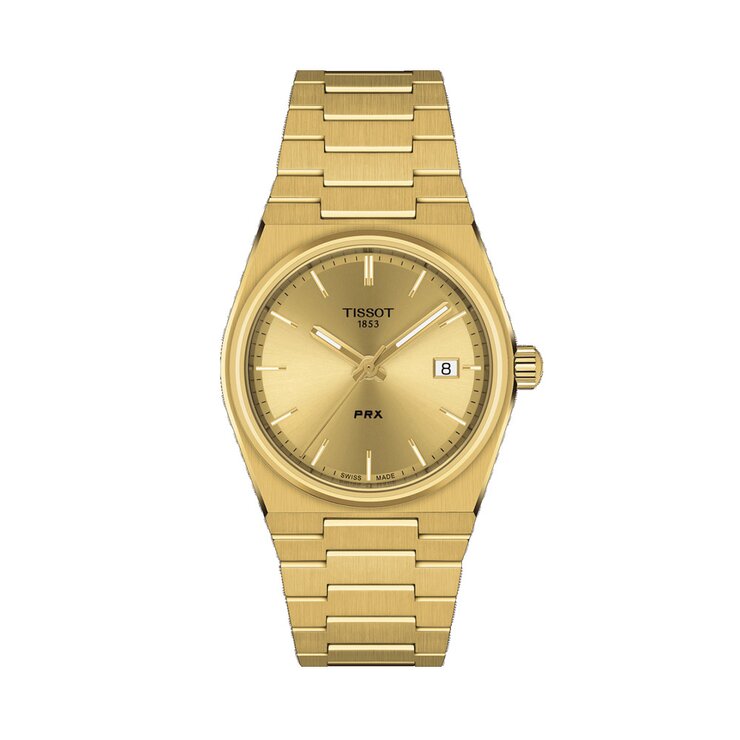 Tissot horloge met een kast in gele pvd-coating, met een wijzerplaat in het geel verguld en een diameter van 35