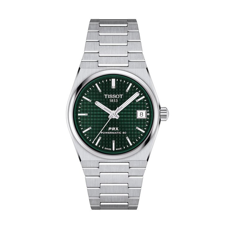 Tissot horloge met een kast in staal, met een wijzerplaat in het groen en een diameter van 35