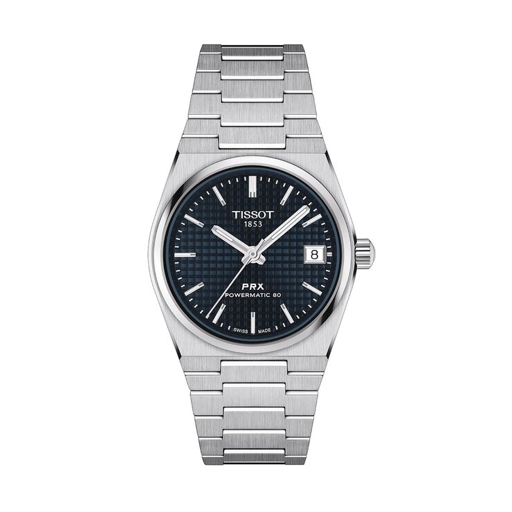 Tissot horloge met een kast in staal, met een wijzerplaat in het blauw en een diameter van 35