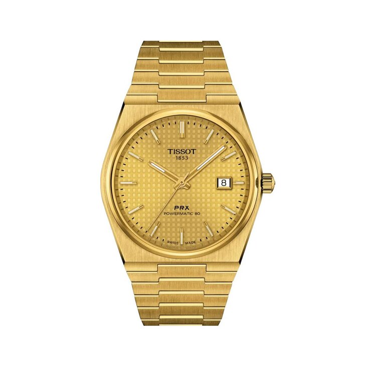 Tissot horloge met een kast in gele pvd-coating, met een wijzerplaat in het geel verguld en een diameter van 40