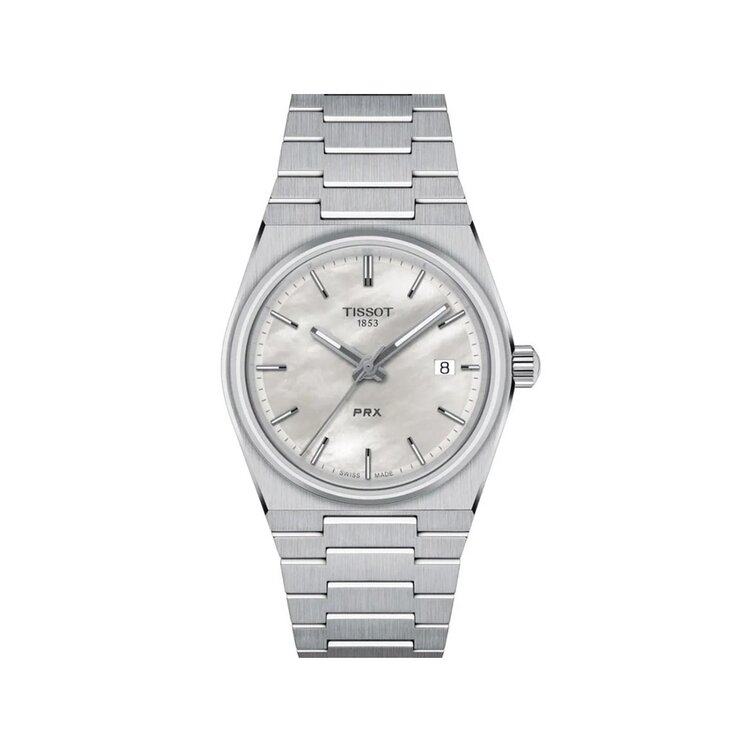 Tissot horloge met een kast in staal, met een wijzerplaat in het parelmoer en een diameter van 35