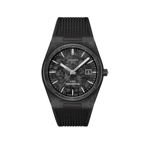 Tissot horloge met een kast in carbon, met een wijzerplaat in het zwart en een diameter van 40.5 mm
