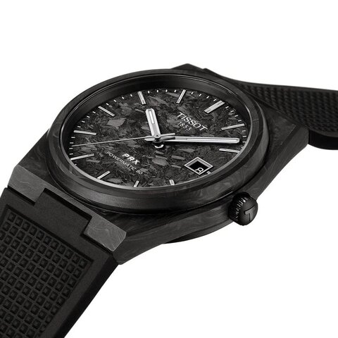 Tissot horloge met een kast in carbon, met een wijzerplaat in het zwart en een diameter van 40.5 mm