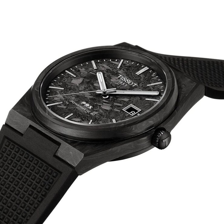 Tissot horloge met een kast in carbon, met een wijzerplaat in het zwart en een diameter van 40.5 mm