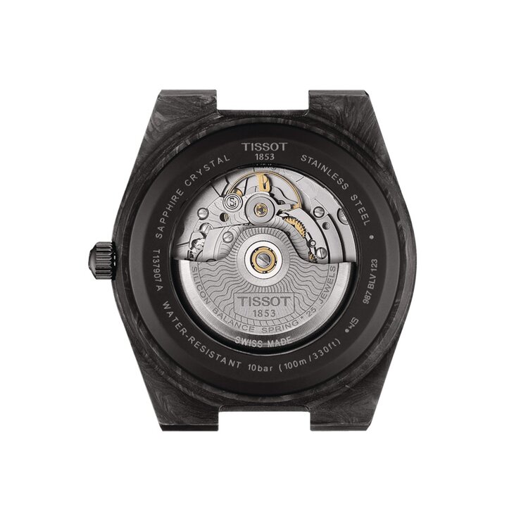 Tissot horloge met een kast in carbon, met een wijzerplaat in het zwart en een diameter van 40.5 mm