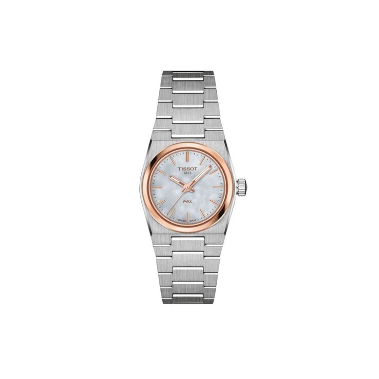 Tissot horloge met een kast in rosé pvd-coating op staal, met een wijzerplaat in het parelmoer en een diameter van 25 mm