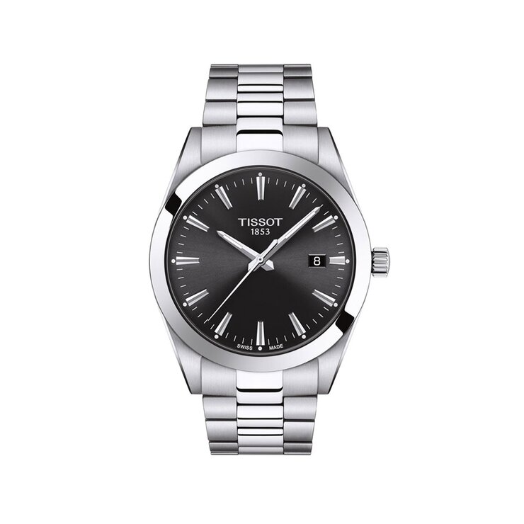 montre Tissot avec un boîtier en acier, un cadran noir et un diamètre de 40