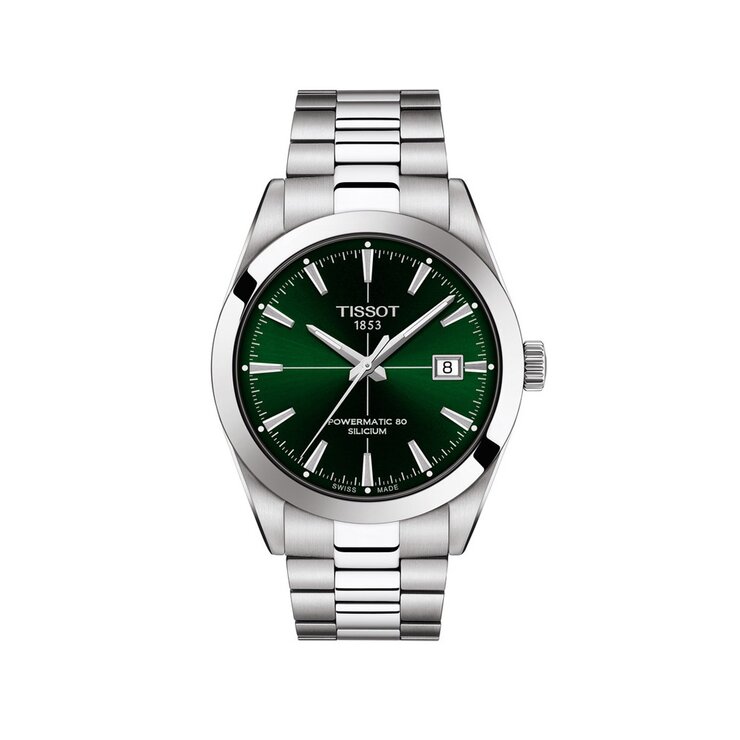 montre Tissot avec un boîtier en acier, un cadran vert et un diamètre de 40