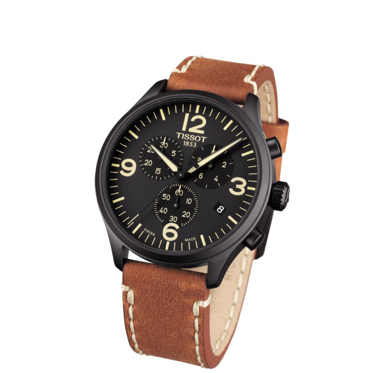 Tissot horloge met een kast in staal, met een wijzerplaat in het zwart en een diameter van 45 mm