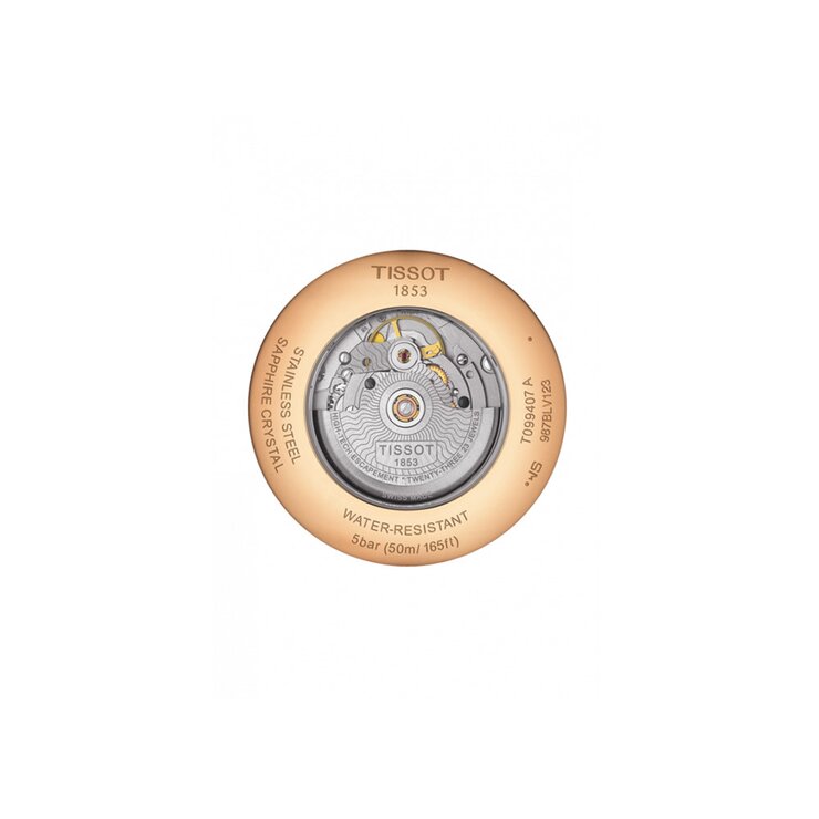 Tissot horloge met een kast in rosé pvd-coating, met een wijzerplaat in het zilver en een diameter van 42