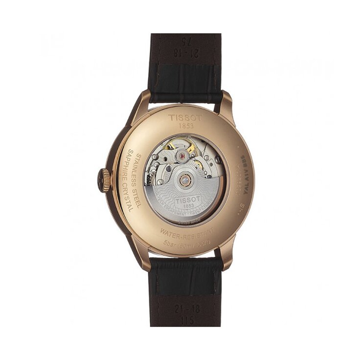 Tissot horloge met een kast in rosé pvd-coating, met een wijzerplaat in het zilver en een diameter van 42