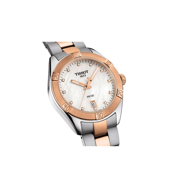 Tissot horloge met een kast in staal, met een wijzerplaat in het parelmoer met  briljant en een diameter van 36