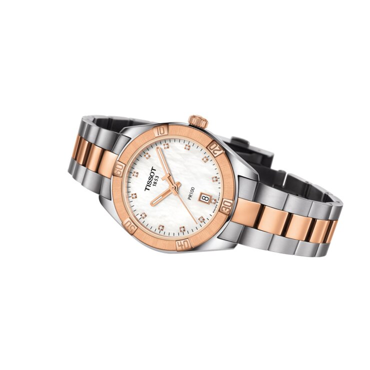 Tissot horloge met een kast in staal, met een wijzerplaat in het parelmoer met  briljant en een diameter van 36