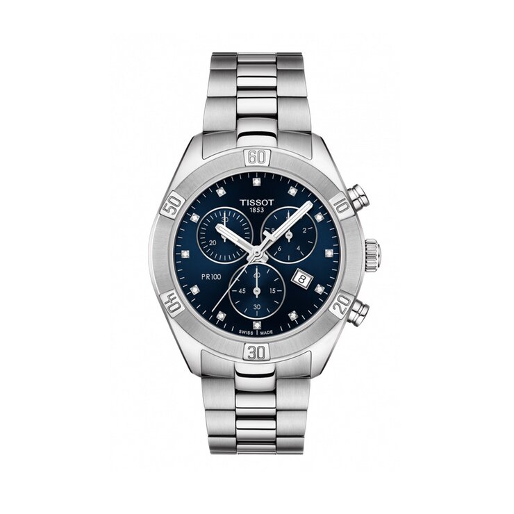 Tissot horloge met een kast in staal, met een wijzerplaat in het blauw met briljant en een diameter van 38