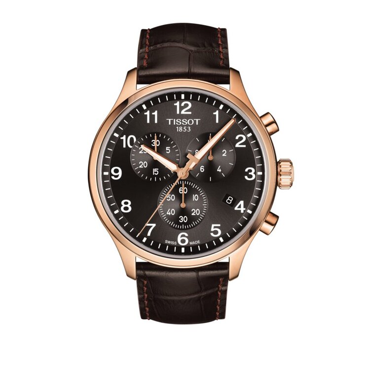 Tissot horloge met een kast in rosé pvd-coating, met een wijzerplaat in het bruin en een diameter van 45