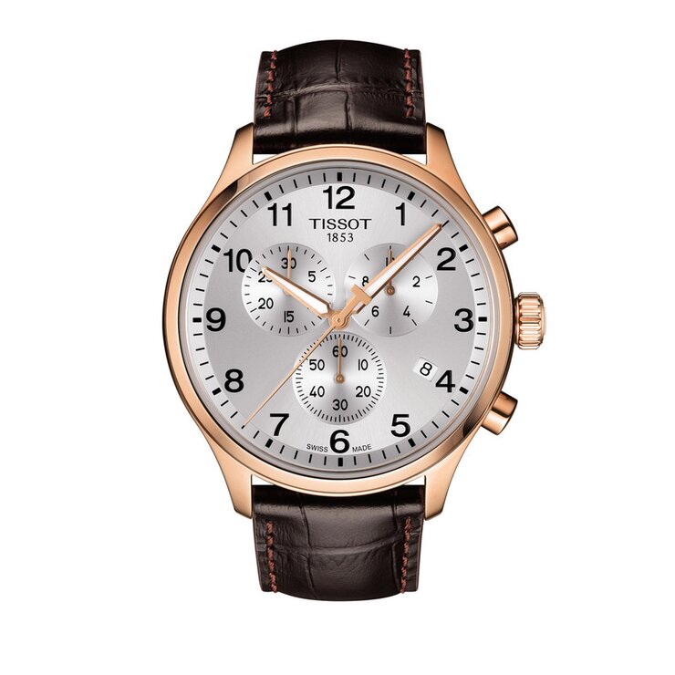 Tissot horloge met een kast in rosé pvd-coating, met een wijzerplaat in het zilver en een diameter van 45