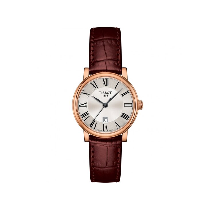 Tissot horloge met een kast in rosé pvd-coating, met een wijzerplaat in het zilver en een diameter van 30 mm