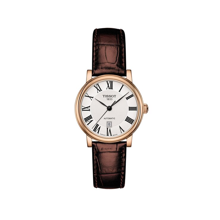 Tissot horloge met een kast in rosé pvd-coating, met een wijzerplaat in het zilver en een diameter van 30 mm