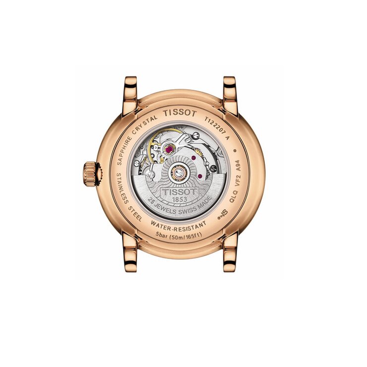 Tissot horloge met een kast in rosé pvd-coating, met een wijzerplaat in het zilver en een diameter van 30 mm