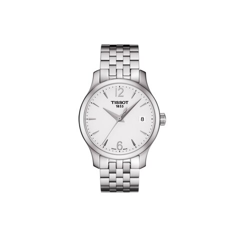 Tissot horloge met een kast in staal, met een wijzerplaat in het wit en een diameter van 33 mm