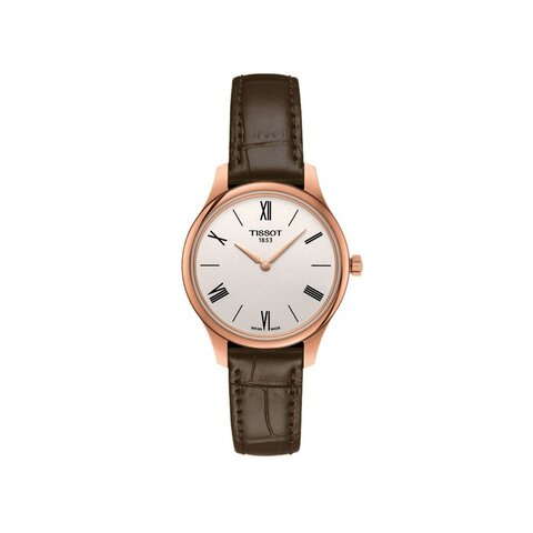 Tissot horloge met een kast in rosé pvd-coating, met een wijzerplaat in het zilver en een diameter van 31 mm
