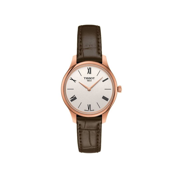 Tissot horloge met een kast in rosé pvd-coating, met een wijzerplaat in het zilver en een diameter van 31 mm