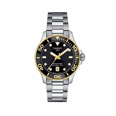 Tissot horloge met een kast in staal, met een wijzerplaat in het zwart en een diameter van 36 mm
