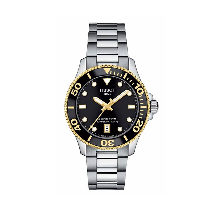 Tissot horloge met een kast in staal, met een wijzerplaat in het zwart en een diameter van 36