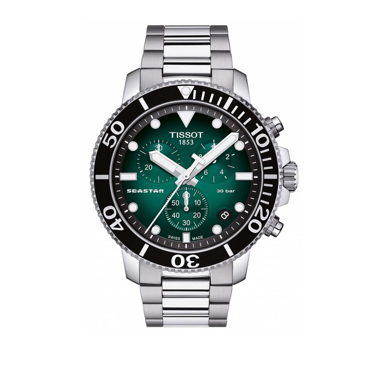 Tissot horloge met een kast in staal, met een wijzerplaat in het groen en een diameter van 45