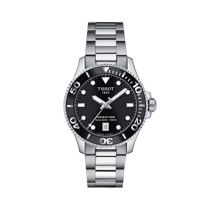 Tissot horloge met een kast in staal, met een wijzerplaat in het zwart en een diameter van 36 mm