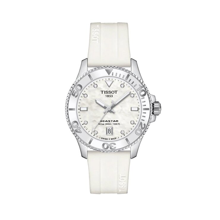 montre Tissot avec un boîtier en acier, un cadran nacre avec brillant et un diamètre de 36 mm