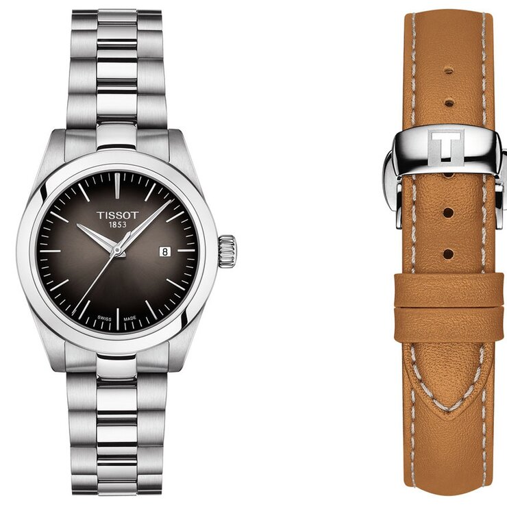montre Tissot avec un boîtier en acier, un cadran noir et un diamètre de 29 mm