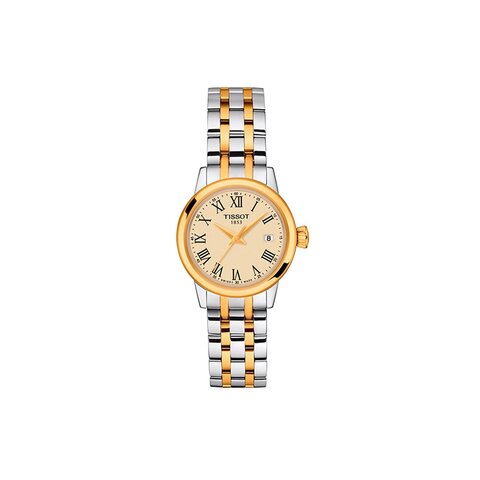 Tissot horloge met een kast in gele pvd-coating op staal, met een wijzerplaat in het beige en een diameter van 28 mm
