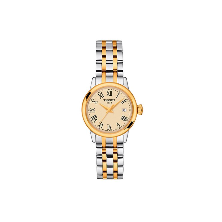 Tissot horloge met een kast in gele pvd-coating op staal, met een wijzerplaat in het beige en een diameter van 28