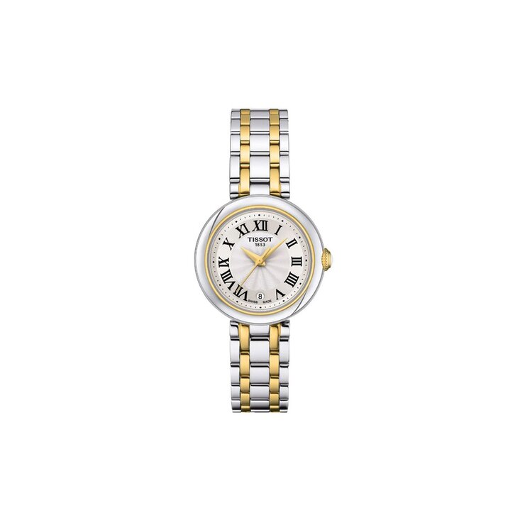Tissot horloge met een kast in gele pvd-coating op staal, met een wijzerplaat in het wit en een diameter van 26 mm