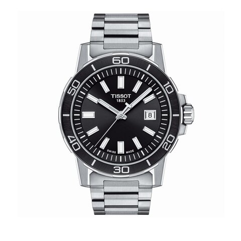 Tissot horloge met een kast in staal, met een wijzerplaat in het zwart en een diameter van 44 mm