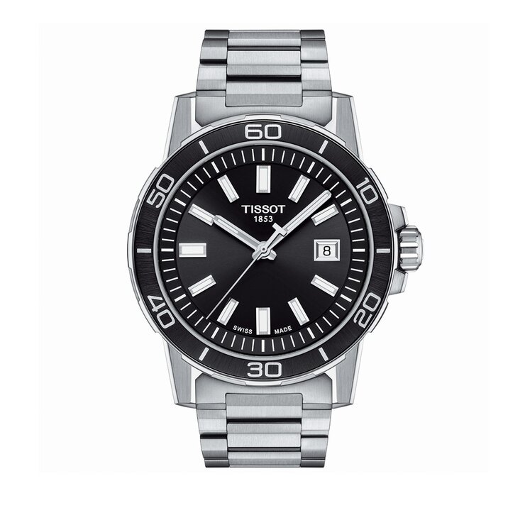 Tissot horloge met een kast in staal, met een wijzerplaat in het zwart en een diameter van 44 mm