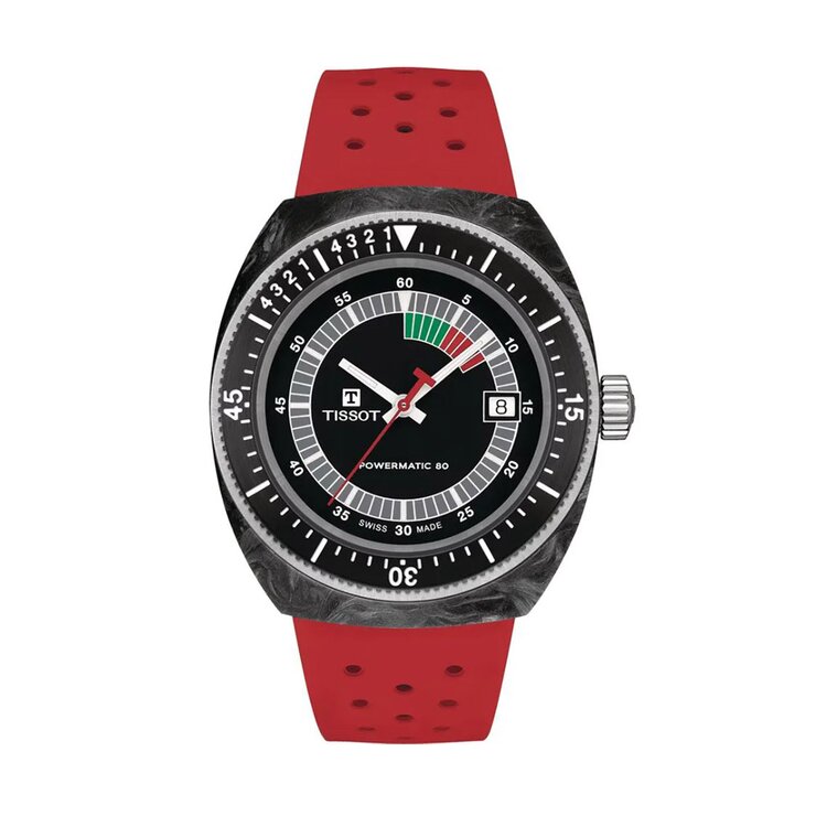 Tissot horloge met een kast in carbon, met een wijzerplaat in het zwart en een diameter van 41 mm