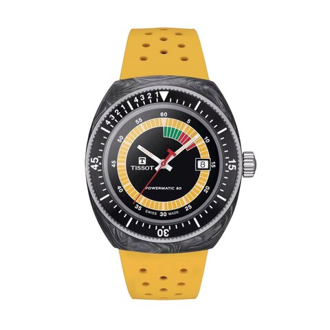 Tissot horloge met een kast in carbon, met een wijzerplaat in het zwart en een diameter van 41 mm