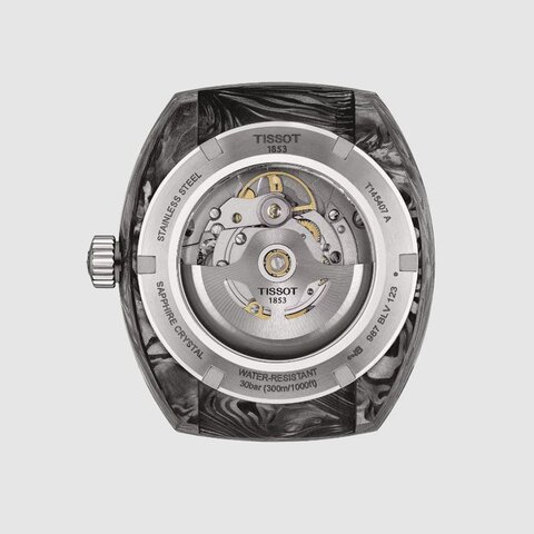 Tissot horloge met een kast in carbon, met een wijzerplaat in het zwart en een diameter van 41 mm