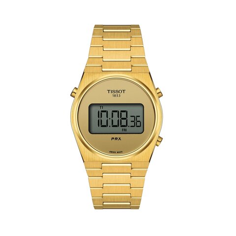 Tissot horloge met een kast in gele pvd-coating, met een wijzerplaat in het geel verguld en een diameter van 35 mm
