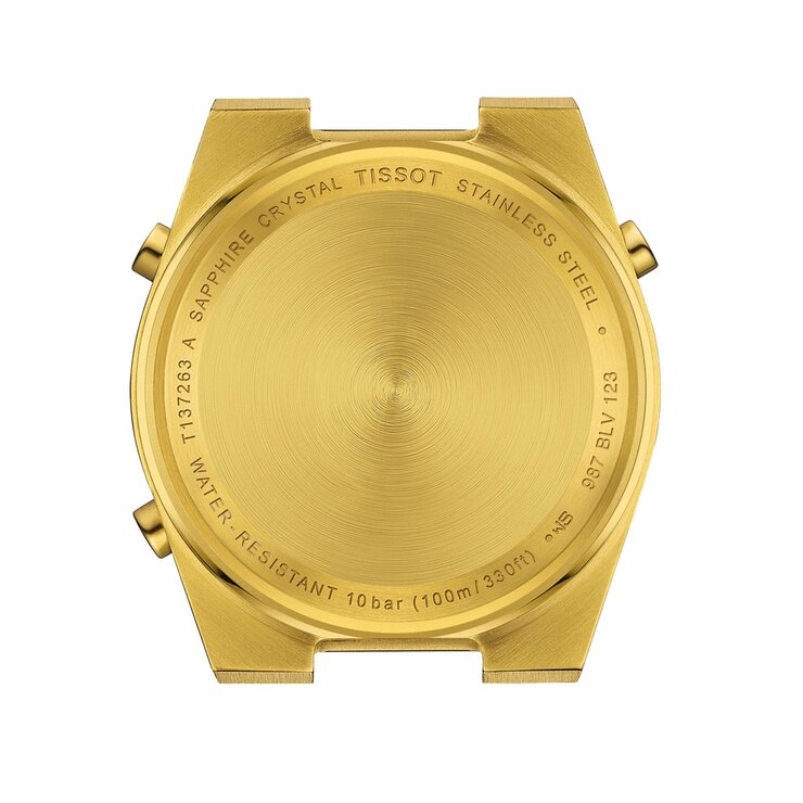 Tissot horloge met een kast in gele pvd-coating, met een wijzerplaat in het geel verguld en een diameter van 35 mm