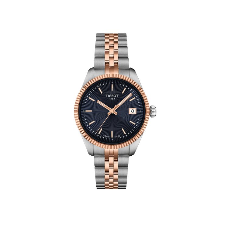 Tissot horloge met een kast in rosé pvd-coating op staal, met een wijzerplaat in het blauw en een diameter van 34 mm