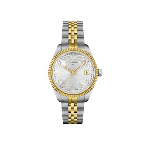 Tissot horloge met een kast in gele pvd-coating op staal, met een wijzerplaat in het zilver en een diameter van 34 mm